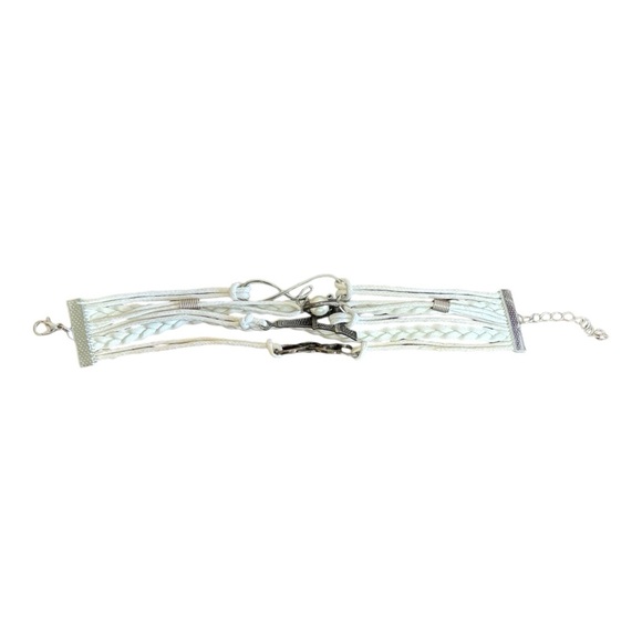 Women's 6-in-1White/Silver-Tone Braided/Strand 7.25"-8.75" Wristband with Charms - Picture 4 of 15